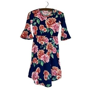 Reb & J girls navy floral peplum sleeve girls dress SZ XL